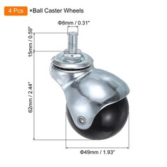 4pcs 2 Inch Ball Caster Wheels Threaded Stem Caster Silver Tone