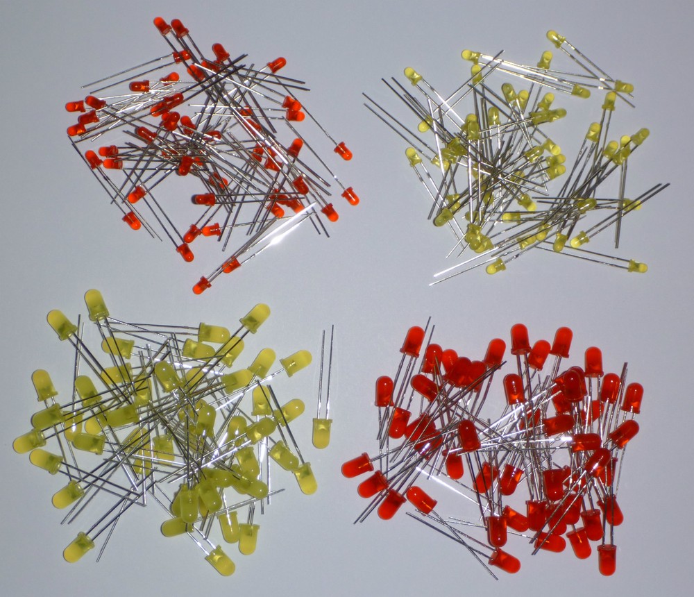 10-1000 Red or Yellow LEDs, 3mm, 5mm, Very Bright, Diffuse Case, New, LED