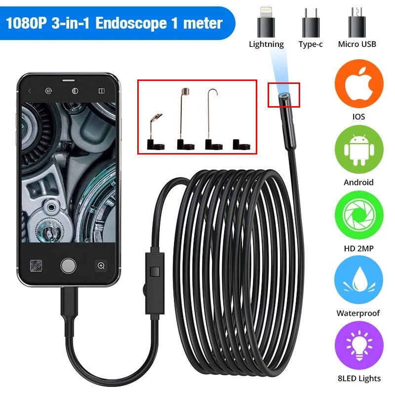 Endoscope Camera with Light, 1920P HD Borescope Camera with 8 LED Lights 16.4ft
