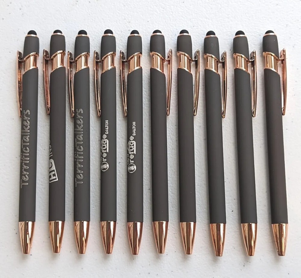 10ct Lot Misprint Metal Retractable Soft Touch Stylus Pens: SLATE GREY+ROSE GOLD