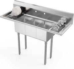 Commercial Sink, Stainless Steel Sink with 3 Compartment and 2 Sides Drain Rack