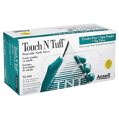 Ansell TouchNTuff 92-600 Nitrile Powder-Free Gloves, XL, Green