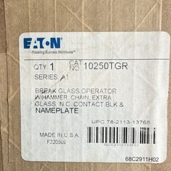 Eaton Break Glass Push Button Switch w/ Hammer Chain 10250TGR, Clear Button
