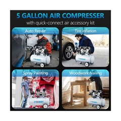 Quiet Air Compressor, Only 68dB, 5 Gallon Steel Tank, 2.8CFM @ 90PSI, Oil-Fre…