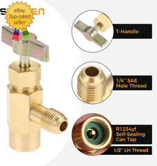 R1234YF Self-Sealing Can Tap with R134A Tank Adapter | 1/4″ SAE 1/2″ LH Thread V
