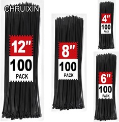 Zip Cable Ties Assorted Sizes(4”+6”+8”+12”) Heavy Duty Nylon Black UV Resistant