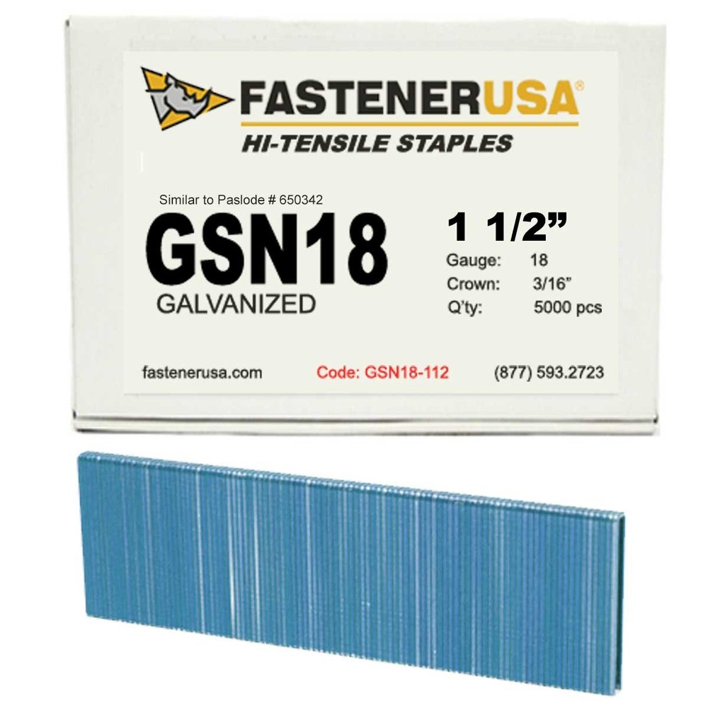 1-1/2″ LEG x 3/16″ CROWN 18GA GALV GSN18 STAPLES 5,000ct | GSN18-112