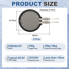 2 Pcs FSR402-ST Thin Film Pressure Sensor, 100g-10Kg, Dia. 14.7mm / 0.58in