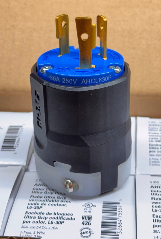 Eaton AHCL630P 30A 250V Blue Black Twist Lock Plug L6-30P Ultra Grip Industrial