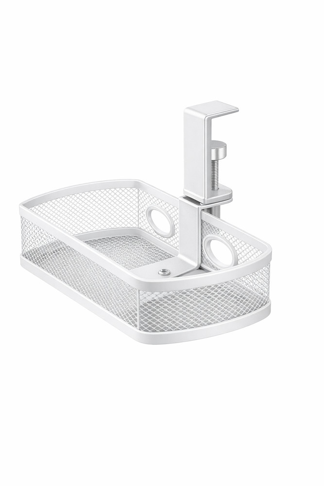 Under Desk Storage Basket 360° Rotating Clamp-On Mesh Organizer White