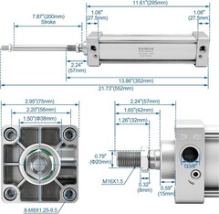 Pneumatic Air Cylinder SC 63 X 200, PT 3/8 Port, 2-1/2″ Bore, 7.87″ Stroke, Sing