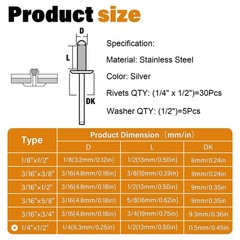 JTAREA 35pcs 1/4″ x 1/2″ Stainless Steel Pop Rivets with 1/4*1/2