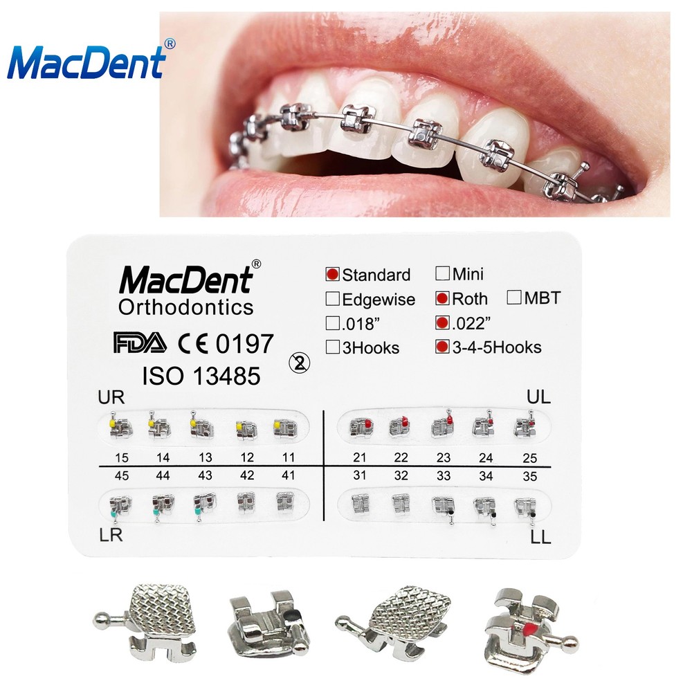 MacDent Dental Orthodontic Brackets Braces Standard Roth.022 Hooks 3-4-5 FDA