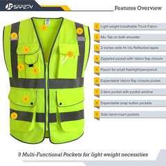 9 Pockets Class 2 High Visibility Zipper Front Safety Vest