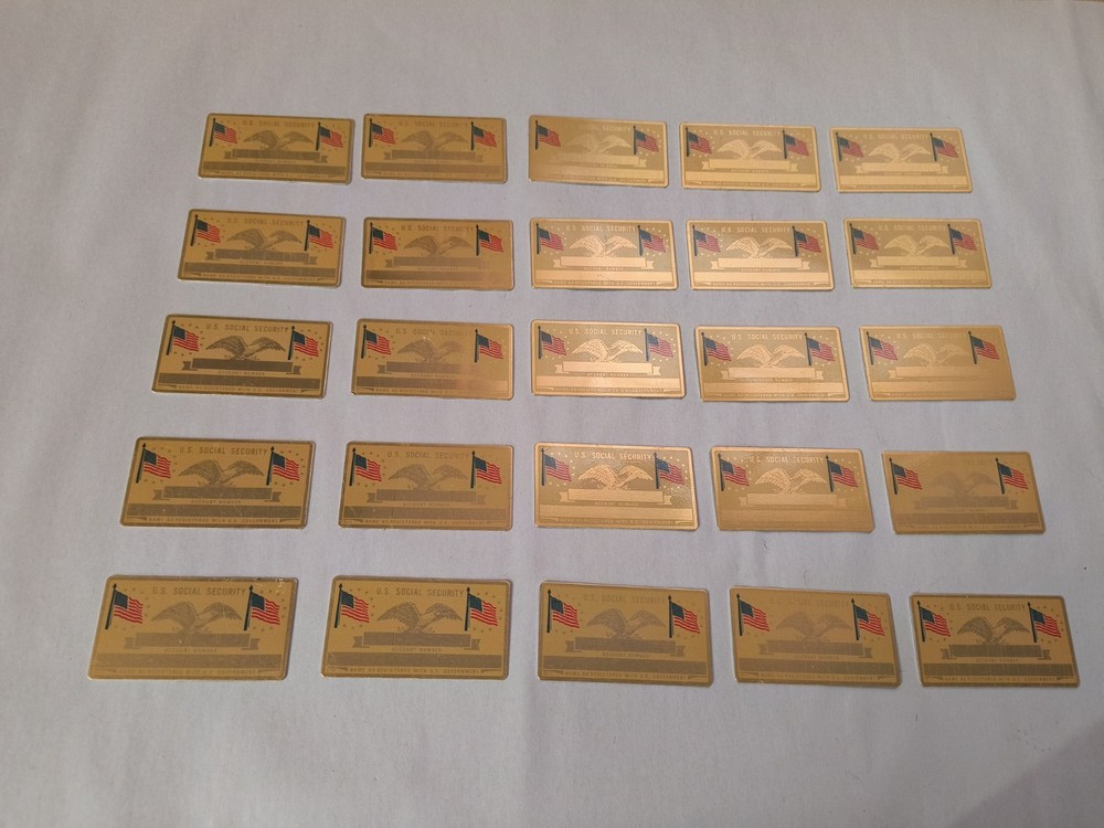 Lot of 25 PERMA PLATE Blank Metal SOCIAL SECURITY Card Name & SSN BRASS FLAGS