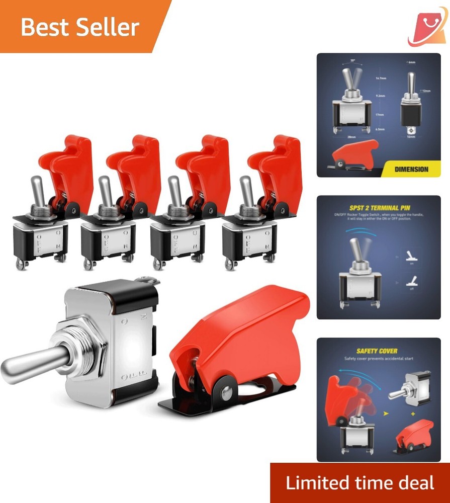Professional Racing SPST Toggle Switch 12V 20A with Safety Covers – 5 Pack