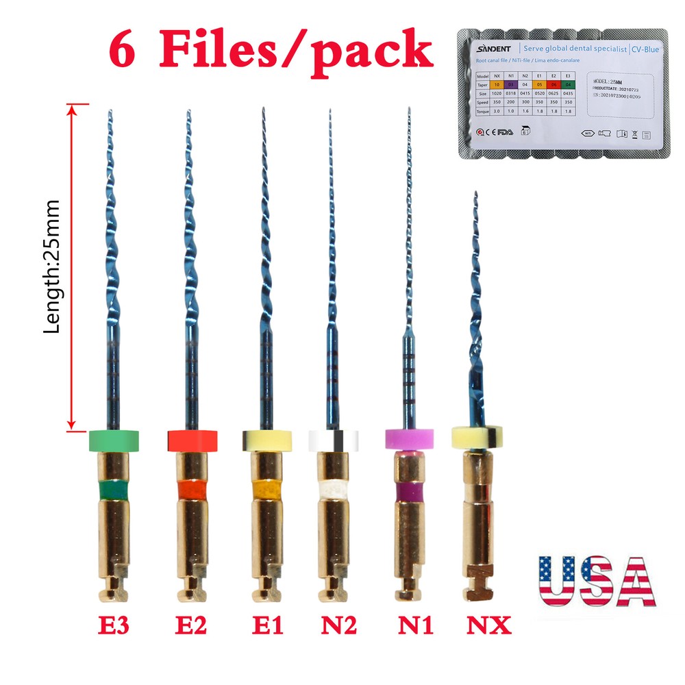 6Pcs Dental Endo CV-Blue Taper File Niti Rotary Files 25MM Root Canal USA