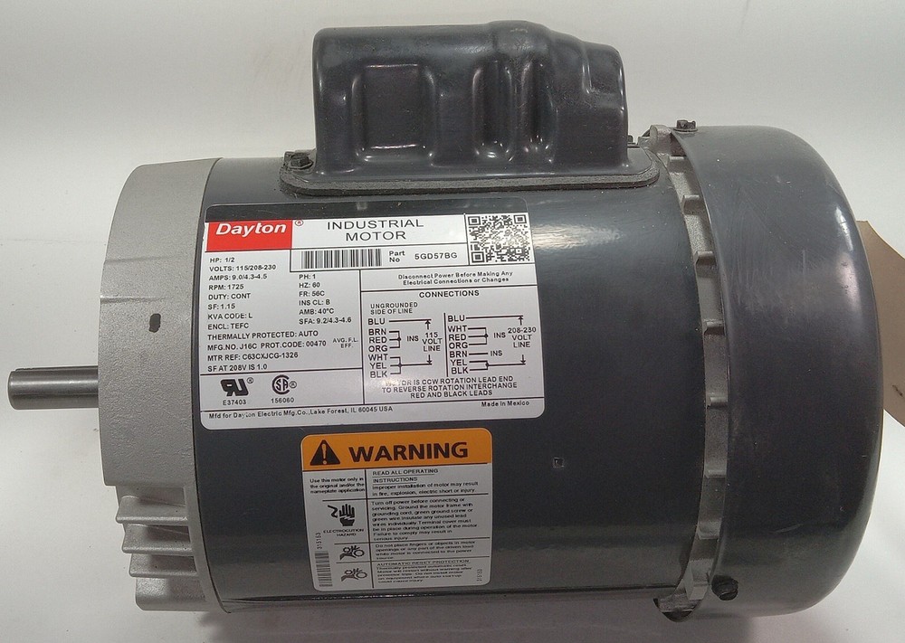 Dayton 5GD57BG 5GD57 Electric AC Motor Half HP 1725 RPM 115 208 230V 56C Frame