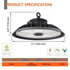 200W-300W UFO LED Light High Bay 5000K Warehouse Industrial Lighting AC 100-277V