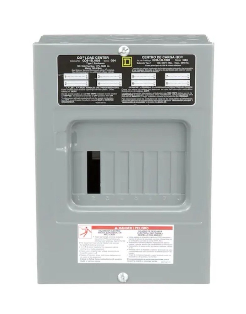 Square D QO816L100SCP 100A 120/240V Main Lug Panel 8/16 Indoor Surface