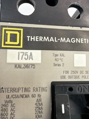 Square D 175A 3 Phase Pole Breaker 600V KAL36175 Line Load Lugs 175 Amp