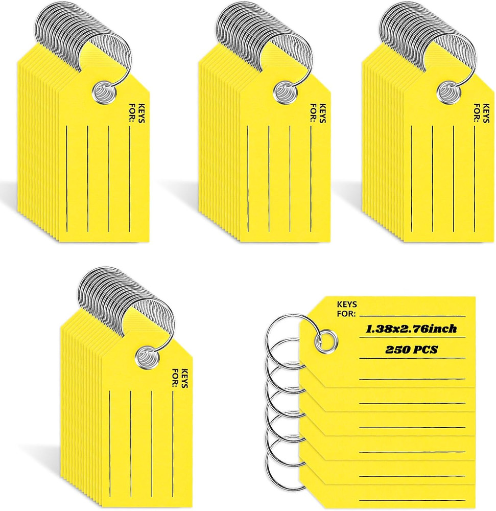 XUWAIDSGN 250 Pcs Yellow Key Tags with Labels and Rings: 1.38 X 2.76 Inches, 250