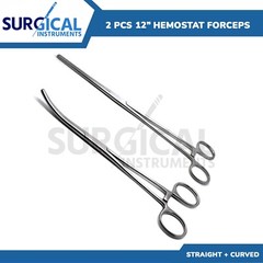 2 Pcs Set 12″ Straight + Curved Hemostat Forceps Locking Clamps German Grade