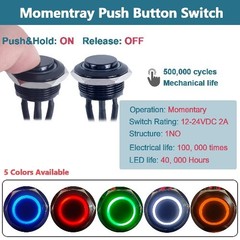 19mm Black Metal Momentary Push Button Switch 12V 24V ON Off Normally Open 4