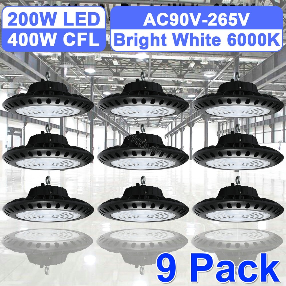 9 Pack 200W UFO Fixture High Bay LED for Supermarket Mall Garage Replace 400W