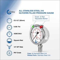 2-1/2″ Pressure Gauge, ALL STAINLESS STEEL, Liquid Filled, Lower Mnt, 200 Psi
