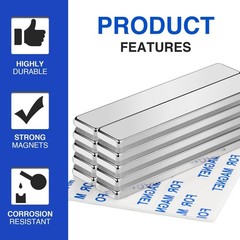 6 Neodymium Magnet Strips – Adhesive Backing, 60x10x3mm, 18 lbs Pull