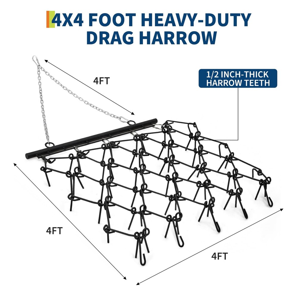 4×4 FT Heavy Duty Tow Behind Drag Harrow 1/2″ & 3/8″ Tines for ATV Lawn Tractors