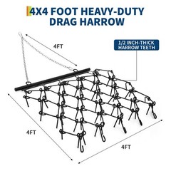 4×4 FT Heavy Duty Tow Behind Drag Harrow 1/2″ & 3/8″ Tines for ATV Lawn Tractors