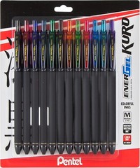 Pentel EnerGel Kuro Liquid Gel Pen, (0.7mm), Medium line, Assorted Ink, 12 Pack