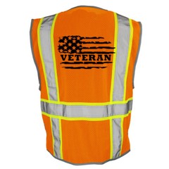 🦺MILITARY USA VETERAN U.S FLAG VETERAN SAFETY PPE ORANGE WORK VEST SIZE M-4XL