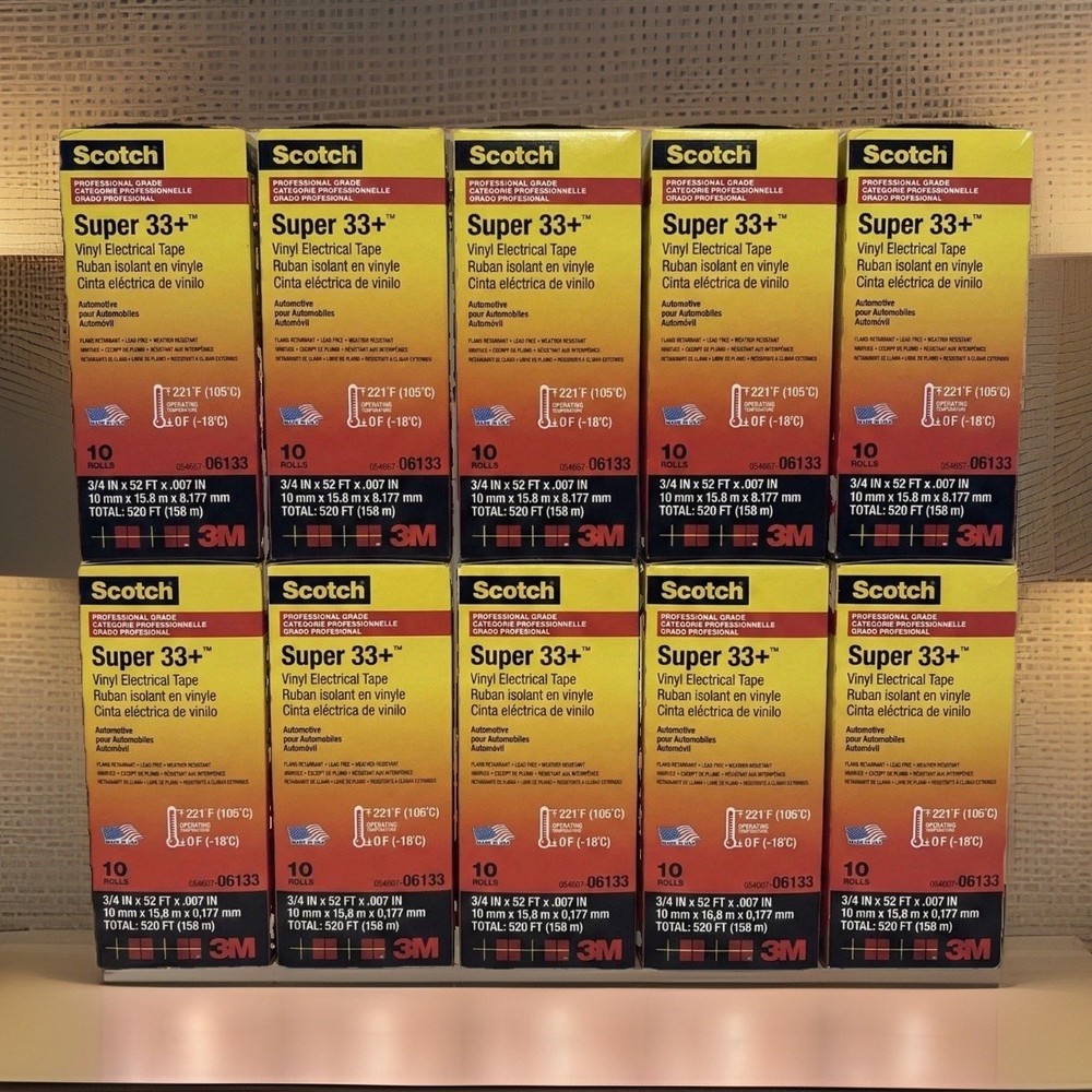Scotch 3M 06133 Super 33+ Vinyl Electrical Tape Black 52ft 100 Rolls Bulk Case