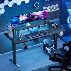 Gaming Desk with LED Lights & Power Outlet, Gamer Desk with Monitor Stand