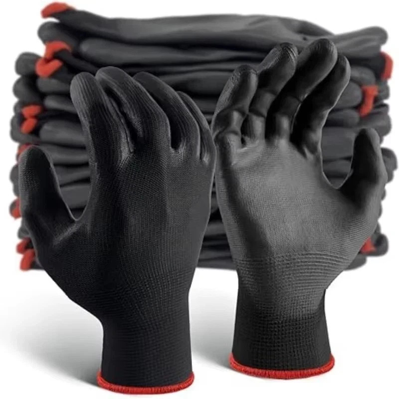 WOLF Ultra-Thin Black Work Gloves Polyurethane Palm Coated Nylon Shell 12 Pairs