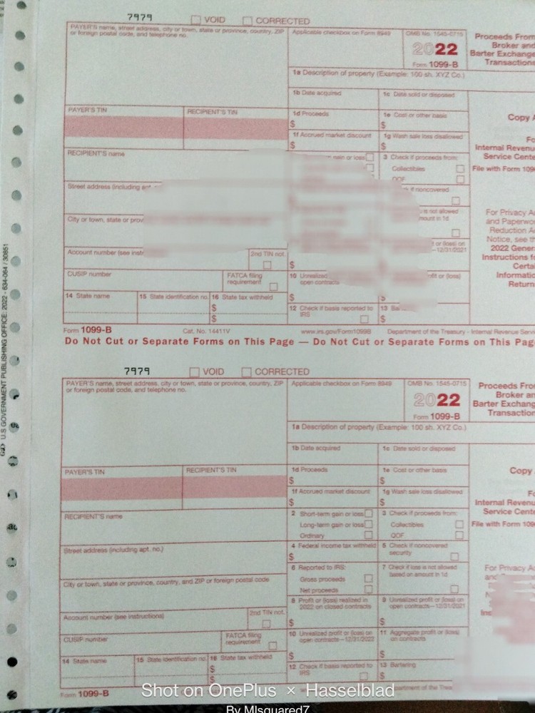 2022: 5 SHEETS 1099-B IRS Proceeds Broker/Barter Exch & 3=1096 Transmittal Forms