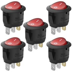 5 Pack Round Rocker Switch ON-Off SPST 3 Terminals Red Light 10A 250VAC