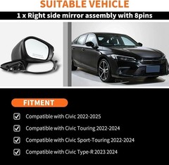 Right Passenger Side Mirror Assembly Compatible with Civic Touring Sport 2022-20