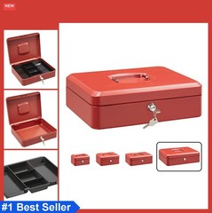 Red Cash Box 11.81 Inch Steel Lockable Key Money Box with Tray Portable