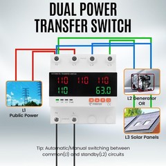 Automatic Transfer Switch 110V/240V 63A Adjustable Circuit Breaker Overcurrent O