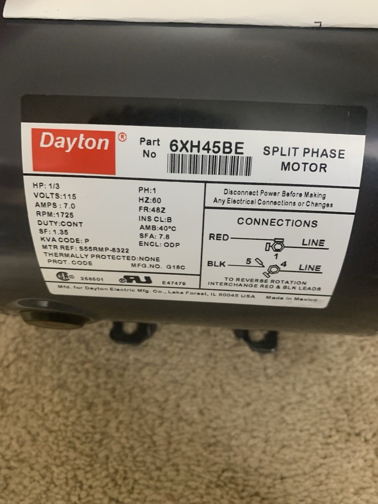 Dayton Split Phase Motor 1/3HP RPM:1725 Volts115V FR-48Z 6XH45BE
