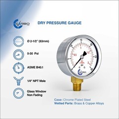 2-1/2″ Pressure Gauge – Chrome Plated Steel Case, 1/4″NPT, Lower Mnt. 30 PSI