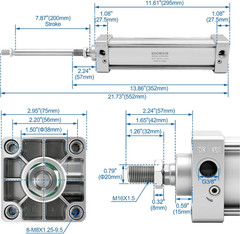 Pneumatic Air Cylinder SC 63 X 200, PT 3/8 Port, 2-1/2″ Bore, 7.87″ Stroke, Sing