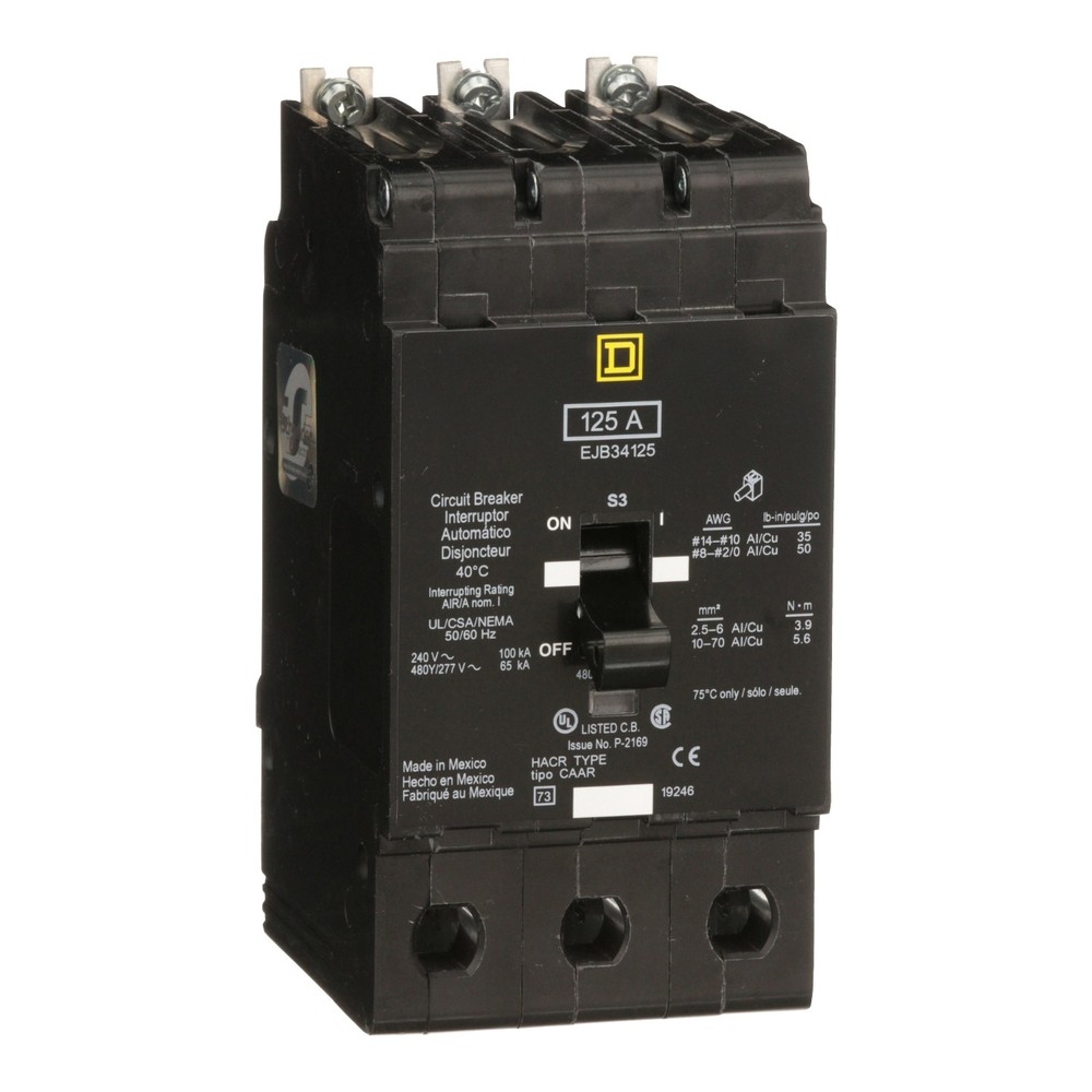 Schneider EJB34125 – MCB, E-Frame, 125A, 3 pole, 480Y/277VAC, 100kA max, bolt on