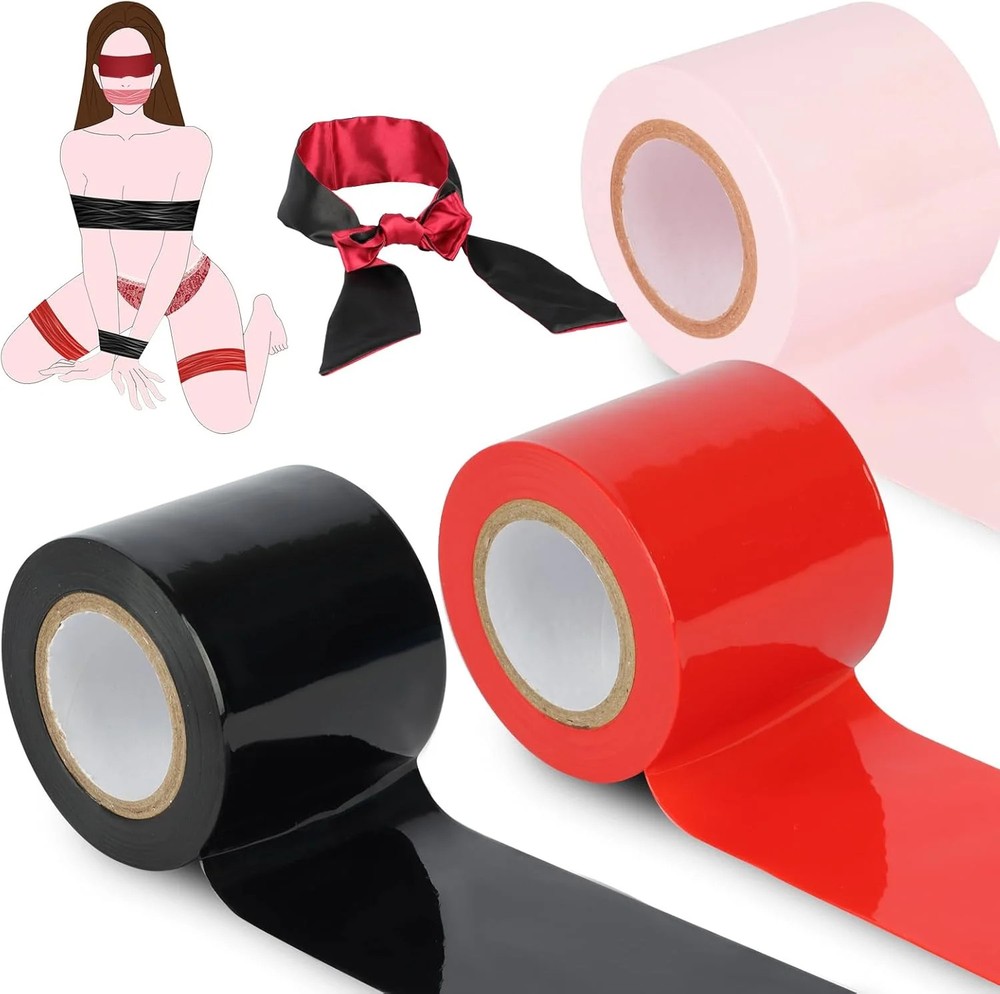 BDSM Bondage Restraints Tape Set – 3 Rolls Electrostatic Tape with Blindfold for