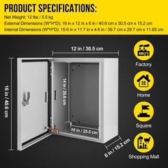 IP66 Steel Electrical Enclosure Box with Lock & Waterproof Seal , 12″Lx16″Hx6″W
