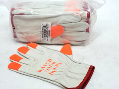 12-Pr Cow Leather Drivers Gloves Hi-Vis Orange Tips Watch Your Hands 4364HV0F-S